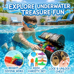 PJT 48PCS Kids Pool Diving Toys Set - Pirate Treasure Chest with Gems, Fish, Locks & Keys, Underwater Treasure Hunt Game for Pool, Bath & Beach, Summer Pool Party & Birthday Gift for Kids Ages 3+