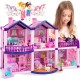 Dollhouse with 2 Princesses, 4 Unicorns, Dog, Furniture and Accessories - Pink and Purple Dream Doll House Toy for Little Girls - 5 Rooms w/Garden, Furniture and Accessories, Gift for Girls Ages 2-8