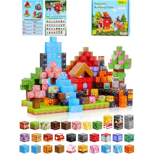 208PCS Magnetic Building Blocks Set for Kids Ages 3-8, 0.8in Magnetic Cubes STEM Construction Toy, 3D Magnet Building Blocks for Boys Girls, Birthday