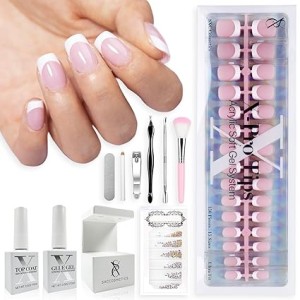 SXC Cosmetics French Tip Press On Nails – Pink Series, Extra Short Square Fake Nails X-Pro Tips Starter Kit | 150PCS, 15 Sizes, 5 Styles